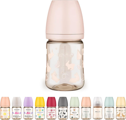Moyuum PPSU All-in-One Feeding Baby Bottle with Nipple 170ml (0-3 months) - Anti Colic, BPA Free & Easy Clean Wide-Neck Non-Tip Stable Base - Rabbit Edition - Pink