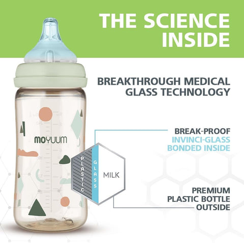Moyuum PPSU All-in-One Feeding Baby Bottle with Nipple 170ml (0-3 months) - Anti Colic, BPA Free & Easy Clean Wide-Neck Non-Tip Stable Base - Liama Edition - Beige