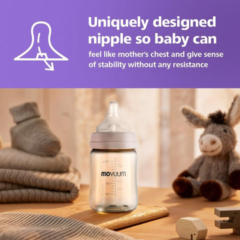 Moyuum PPSU All-in-One Feeding Baby Bottle with Nipple 270ml (+3 months) - Anti Colic, BPA Free & Easy Clean Wide-Neck Non-Tip Stable Base - Liama Edition - Beige