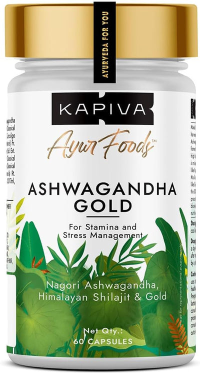 Kapiva Ashwagandha Gold Capsules - Ayurvedic Blend with Gold & Shilajit - 60 Capsules