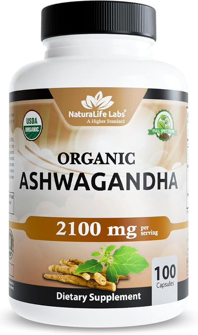 Naturalife Labs Organic Ashwagandha 2100mg - Vegan Capsules, 100 Count