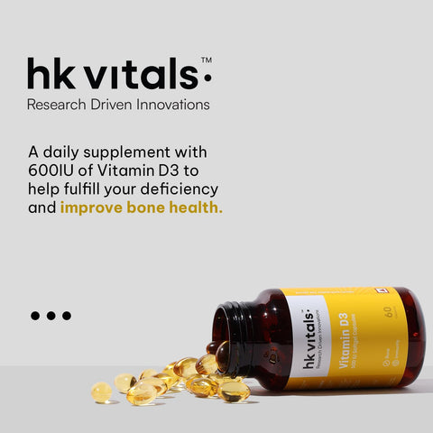 HK Vitals Vitamin D3 (600 Iu) (60 Capsules) | With Sunflower Oil, Promotes Calcium Absorption | Bone Health, Muscle Strength & Immunity