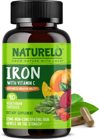 Naturelo Vegan Iron Supplement With Vitamin C And Organic Whole Foods - Gentle Pills For Women & Men W/Iron Deficiency Including Pregnancy, Anemia Diets 90 Mini Capsules