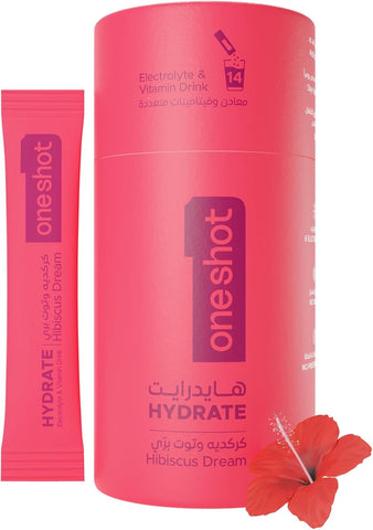 OneShot Hydrate Electrolyte & Vitamin Powder - Hibiscus Dream, Sugar-Free, 14 Sachets