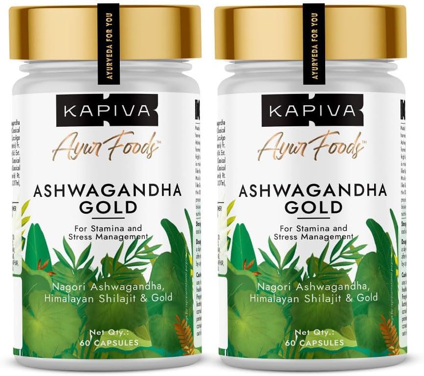 Kapiva Ashwagandha Gold Capsules - Potent with Nagori Ashwagandha & Shilajit, 60 Capsules Pack of 2