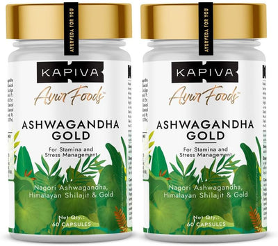 Kapiva Ashwagandha Gold Capsules - Potent with Nagori Ashwagandha & Shilajit, 60 Capsules Pack of 2