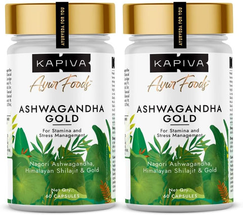 Kapiva Ashwagandha Gold Capsules - Potent with Nagori Ashwagandha & Shilajit, 60 Capsules Pack of 2