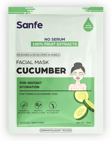 Sanfe Cucumber Facial Mask - Instant Hydration, 25gm - Korean Sheet Mask