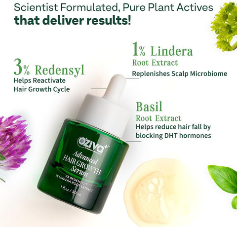 Oziva+ Advanced Hair Growth Serum With 3% Redensyl & 1% Lindera Root Extract | Balances Scalp Microbiome & Activates Hair Growth | Scientist Formulated With Pure Plant Actives | No Side Effects | 30Ml