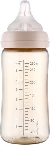 Moyuum PPSU All-in-One Feeding Baby Bottle with Nipple 270ml (+3 months) - Anti Colic, BPA Free & Easy Clean Wide-Neck Non-Tip Stable Base - Liama Edition - Beige