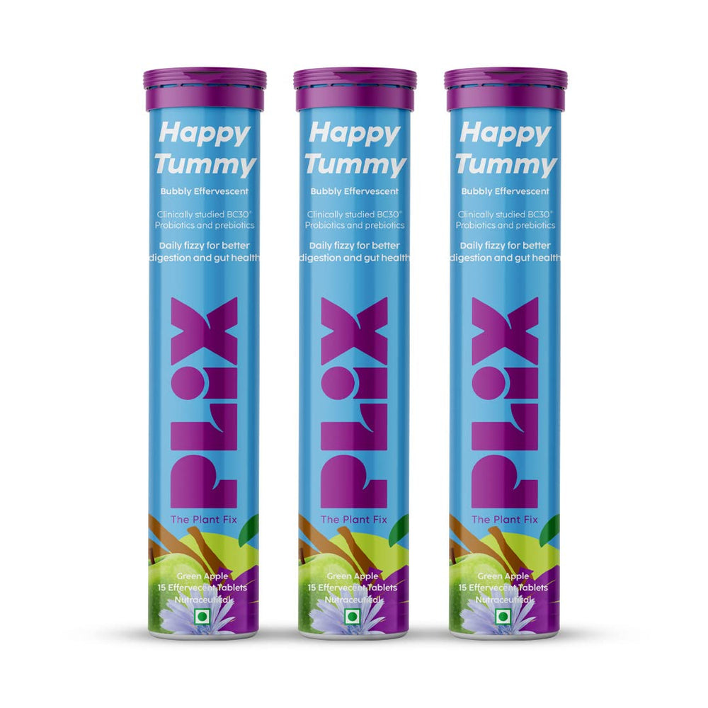 PLIX  THE PLANT FIX Happy Tummy Pre+Probiotic 15 Effervescent Tablets Pack of 3 (Green Apple)