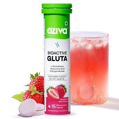 Oziva Bioactive Glutathione Tablets For Radiant Skin - 15 Effervescent Tablets | L-Glutathione, Lycopene, Vitamin C For Skin Glow & Anti-Pigmentation | Strawberry Swirl