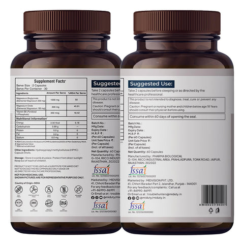 Miduty Chelated Magnesium Bisglycinate (Glycinate) - 60 Veg Capsules