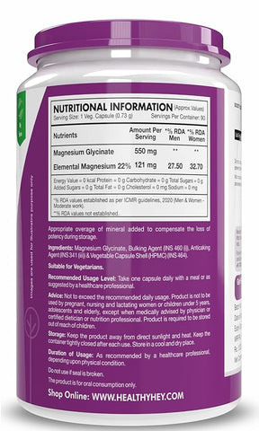 HealthyHey Magnesium Glycinate High Absorption for Sleep, Cramps, & Nerves Health - 90 Vegetable Capsules