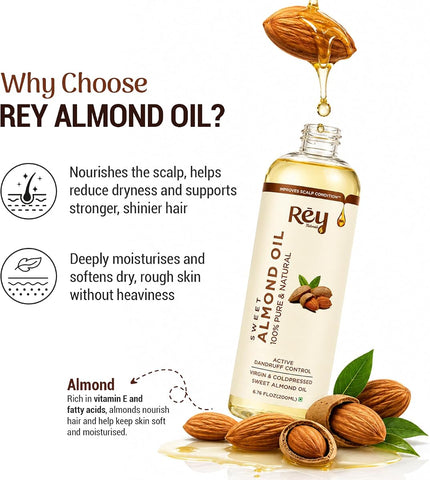 ReyNaturals Sweet Almond Oil - Virgin & Cold Pressed, 200ml - Image 2