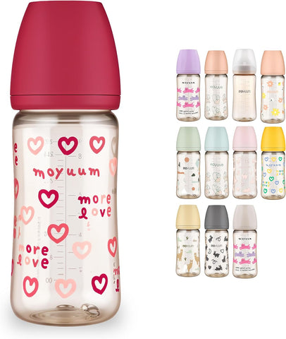 Moyuum PPSU All-in-One Feeding Baby Bottle with Nipple 270ml (+3 months) - Anti Colic, BPA Free & Easy Clean Wide-Neck Non-Tip Stable Base - More love (SOOSOOJIN) Edition - Cherry
