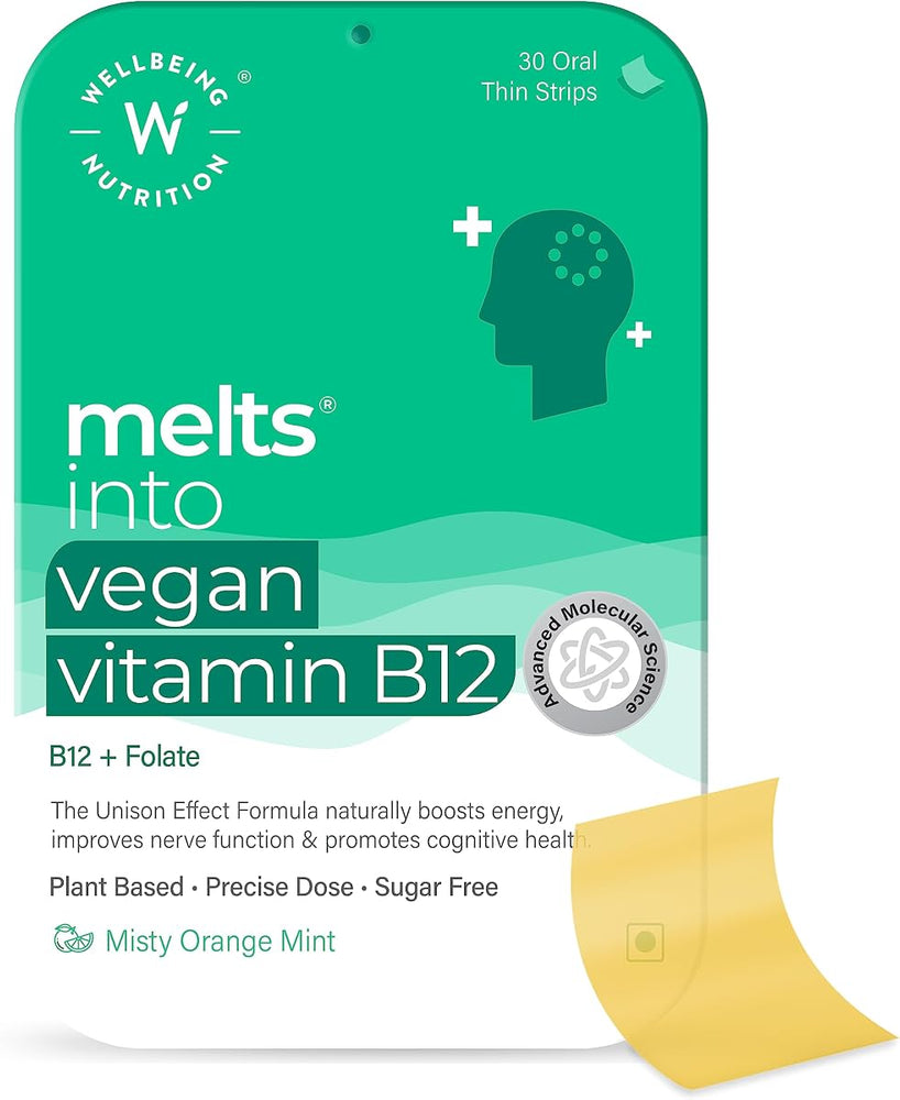 Wellbeing Nutrition Vegan Vitamin B12 Oral Thin Strips - Methylcobalamin & CurcuWIN, 30 Strips