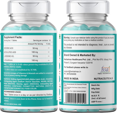 Herbal Max L-Glutathione 100 mg Tablets - Plant-Based Beauty Supplement - 60 Count - Image 8