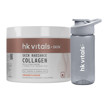 HK Vitals Marine Collagen Supplement (Orange, 100G) & Sipper Bottle (Grey, 300Ml) | Combo Pack