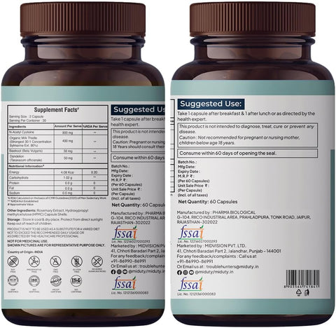 Miduty Liver Detox Supplement Milk Thistle with N-Acetyl Cysteine 900 mg - 60 Veg Capsules