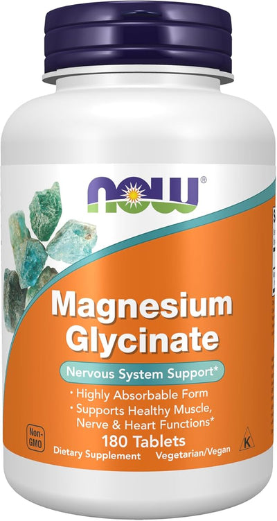 NOW Foods Magnesium Glycinate - Chelated for Absorption, 100 mg, 180 Tablets