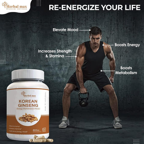 Herbal Max Korean Ginseng Supplement - 800mg - 60 Veg Capsules - Image 3