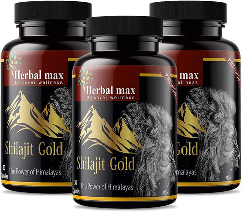 Herbal Max Herbal & Ayurvedic Shilajit Gold Extract Capsules - 800mg, 30 Count, Pack of 3