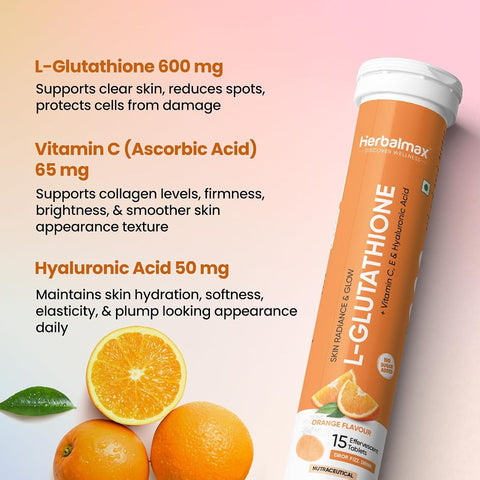 Herbal Max Beauty Effervescent Tablets - Glutathione with Vitamin C, Hyaluronic Acid & Biotin, 15 Count, Orange Flavour - Image 3
