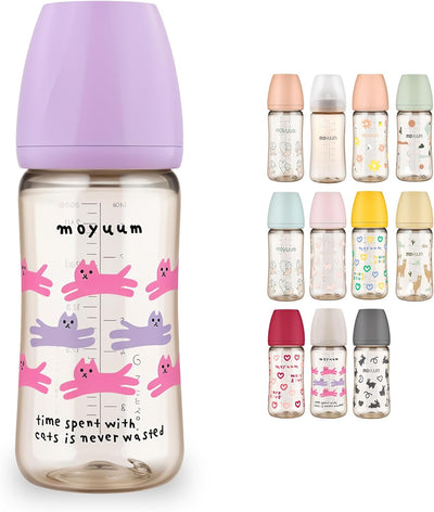 Moyuum PPSU All-in-One Feeding Baby Bottle with Nipple 270ml (+3 months) - Anti Colic, BPA Free & Easy Clean Wide-Neck Non-Tip Stable Base - Cat Edition Purple