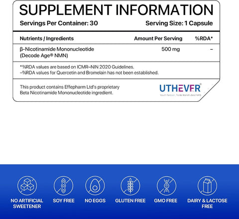 Decodeage - Uthever NMN 500mg Capsules, Vegan, 30 Count - Image 5