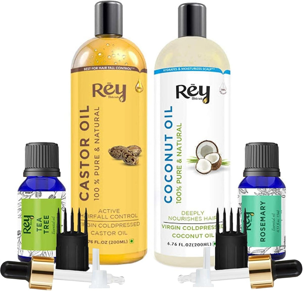 Rey Naturals Hair Oils Combo - Castor, Coconut, Tea Tree, Rosemary - 200ml/15ml