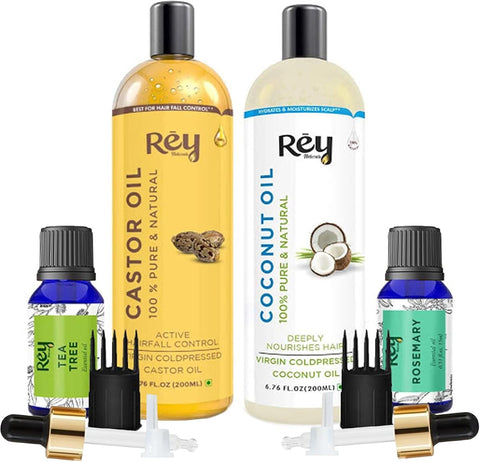 Rey Naturals Hair Oils Combo - Castor, Coconut, Tea Tree, Rosemary - 200ml/15ml
