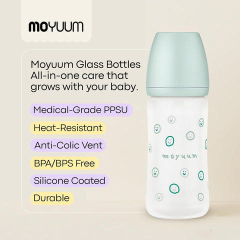 Moyuum PPSU Glass Feeding Baby Bottle with Nipple 240ml (+3 months) - Anti Colic, BPA Free & Easy Clean Wide-Neck Non-Tip Stable Base - Natural Plain Edition