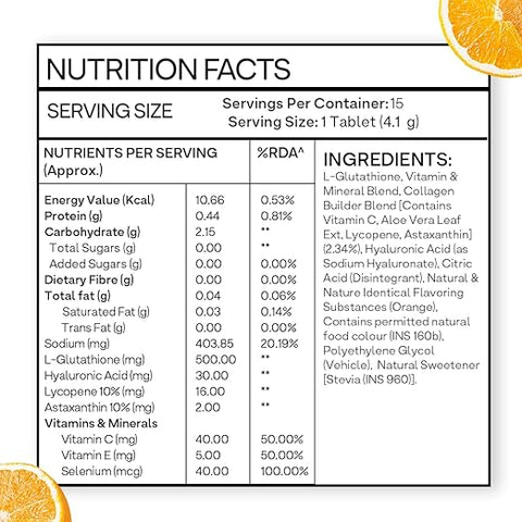 Oziva Bioactive Glutathione Tablets For Radiant Skin - 15 Effervescent Tablets | L-Glutathione, Lycopene, Vitamin C For Skin Glow & Anti-Pigmentation|Orange