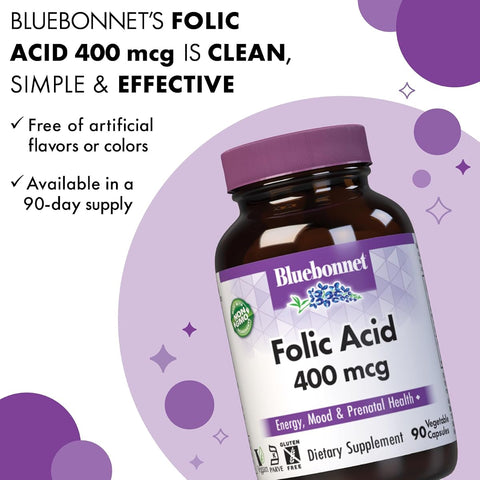 Bluebonnet Folic Acid 400 mcg - Vegan, Prenatal Health, 90 Capsules - Image 4