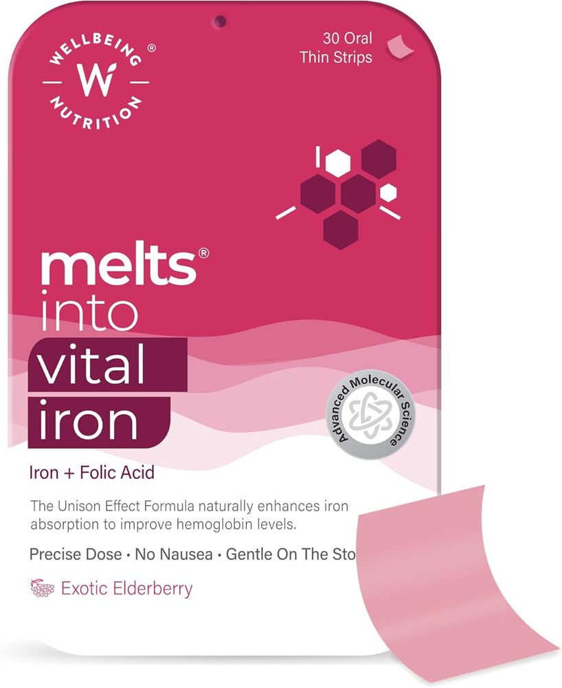 Wellbeing Nutrition Melts Nano Iron - Plant Based Iron with Folate & Vitamin C - 30 Oral Strips