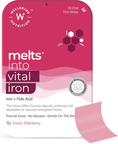 Wellbeing Nutrition Melts Nano Iron - Plant Based Iron with Folate & Vitamin C - 30 Oral Strips