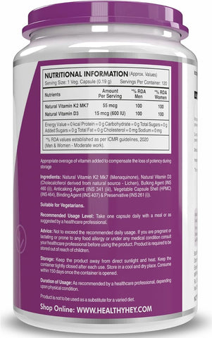 HealthyHey Natural Vitamin K2 + D3 - Non-GMO, 120 Veg Capsules - Image 7
