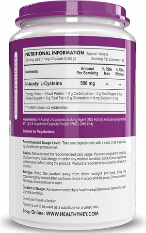 HealthyHey NAC 500mg - 120 Vegetarian Capsules - Non-GMO, Gluten Free - Image 7