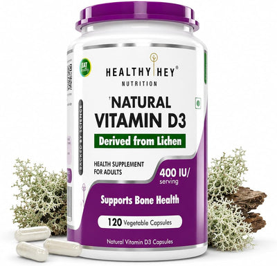 HealthyHey Vegan Vitamin D3 Capsules - Plant-Based, Non-GMO, 400 IU, 120 Count