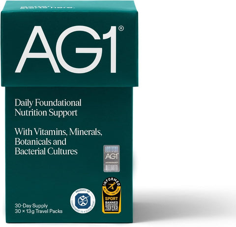 AG1 Ultimate Daily Greens Supplement Powder - Whole Food Sourced, Vegan, 30 Travel Packs