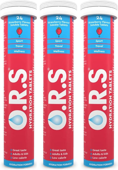 O.R.S Hydration Tablets With Electrolytes, Vegan, Gluten And Lactose Free Formula – Soluble Sports Hydration Tablets With Natural Strawberry Flavour, 72 Tablets (Pack Of 3 x 24)