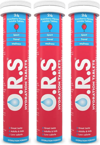 O.R.S Hydration Tablets With Electrolytes, Vegan, Gluten And Lactose Free Formula – Soluble Sports Hydration Tablets With Natural Strawberry Flavour, 72 Tablets (Pack Of 3 x 24)