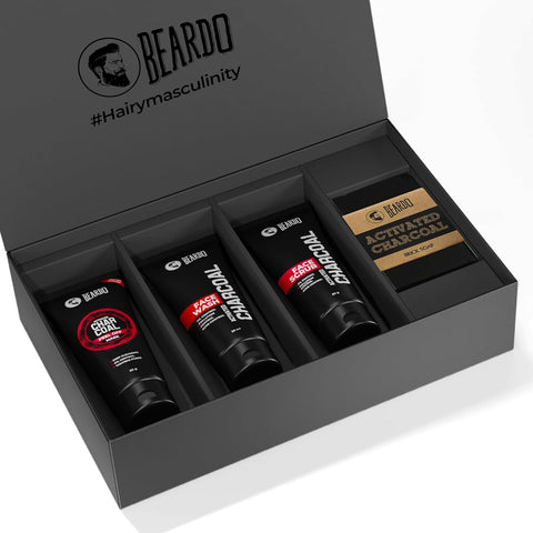 Beardo Charcoal 4-in-1 Gift Set - Face Wash, Peel-Off Mask, Scrub & Soap - Pack of 4