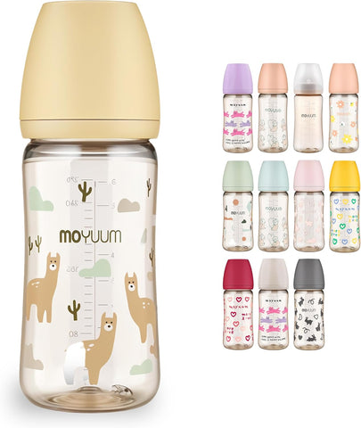 Moyuum PPSU All-in-One Feeding Baby Bottle with Nipple 270ml (+3 months) - Anti Colic, BPA Free & Easy Clean Wide-Neck Non-Tip Stable Base - Liama Edition - Beige