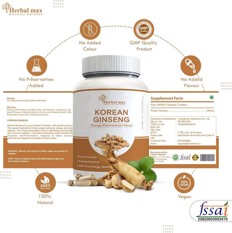 Herbal Max Korean Ginseng Supplement - 800mg - 60 Veg Capsules - Image 5