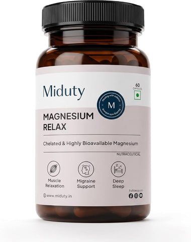 Miduty Chelated Magnesium Bisglycinate with Vitamin B6 - High Absorption 60 Veg Capsules