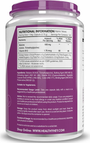 HealthyHey Betaine Trimethylglycine (TMG) - 120 Vegetable Capsules - Image 2