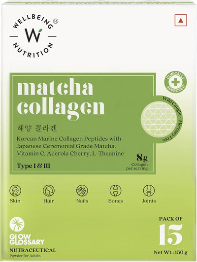 Wellbeing Nutrition Matcha Collagen - Korean Marine Peptides with Japanese Matcha, 15 Sachets
