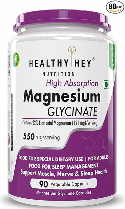 HealthyHey Magnesium Glycinate High Absorption for Sleep, Cramps, & Nerves Health - 90 Vegetable Capsules